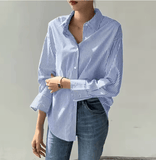 Women’s Spring & Summer Blue Striped Blouse – Casual Long Sleeve Turn-Down Shirt