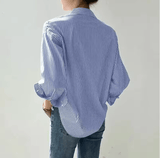 Women’s Spring & Summer Blue Striped Blouse – Casual Long Sleeve Turn-Down Shirt
