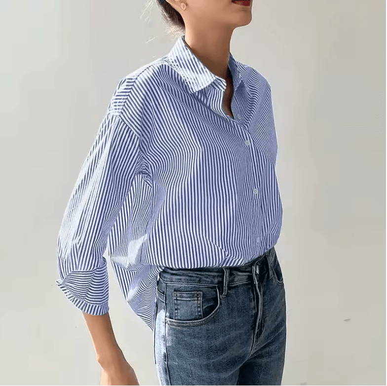 Women’s Spring & Summer Blue Striped Blouse – Casual Long Sleeve Turn-Down Shirt