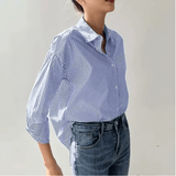 Women’s Spring & Summer Blue Striped Blouse – Casual Long Sleeve Turn-Down Shirt