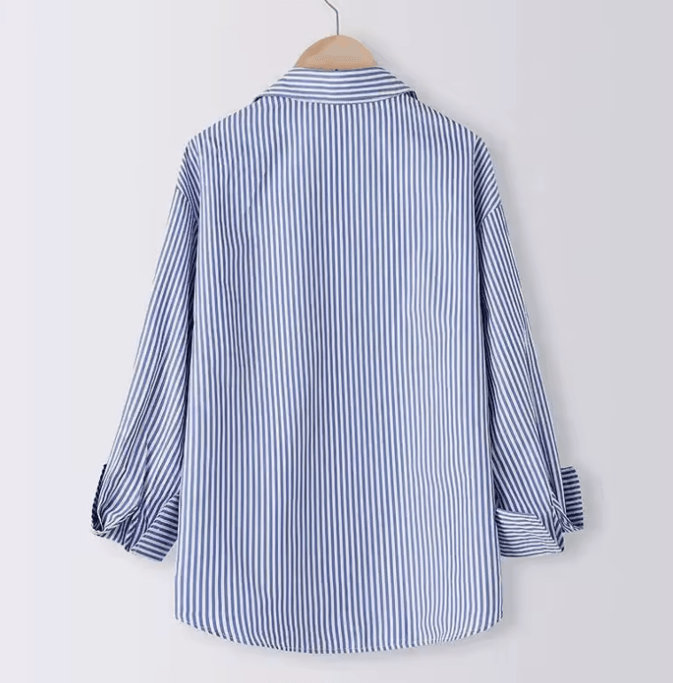 Women’s Spring & Summer Blue Striped Blouse – Casual Long Sleeve Turn-Down Shirt