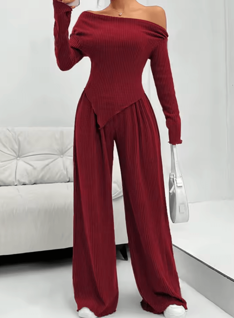 Women’s 2-Piece Fall/Winter Set – Slim Fit Long Sleeve Solid Color Tee & Matching Trousers – Casual Sexy Streetwear Outfit