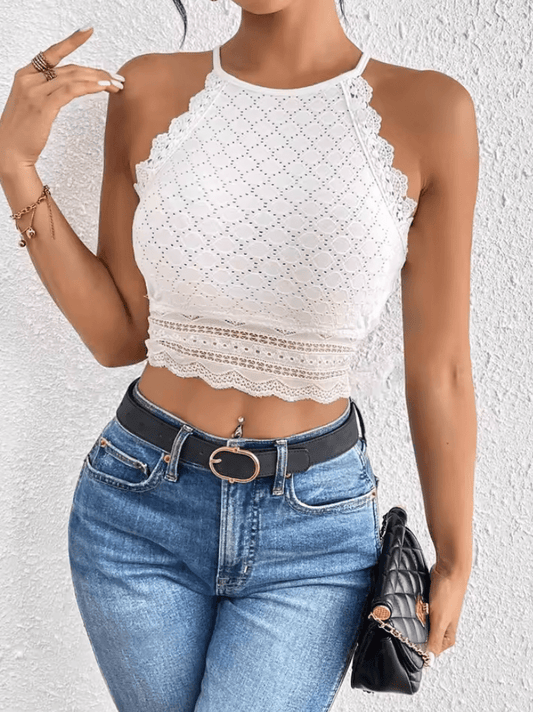 Sexy Lace Crop Halter Top for Women – Short Length, Contrast Trim, Semi-Sheer Geometric Pattern – Elegant Clubwear & Summer Fashion