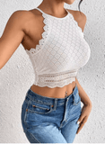 Sexy Lace Crop Halter Top for Women – Short Length, Contrast Trim, Semi-Sheer Geometric Pattern – Elegant Clubwear & Summer Fashion