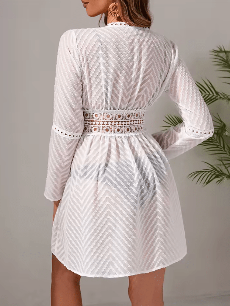 Women’s Crochet Beach Cover-Up Dress – Hollow-Out Knit Tunic, Long Sleeve Swimsuit Cover, Boho Beachwear for Vacation, Pool & Resort Style