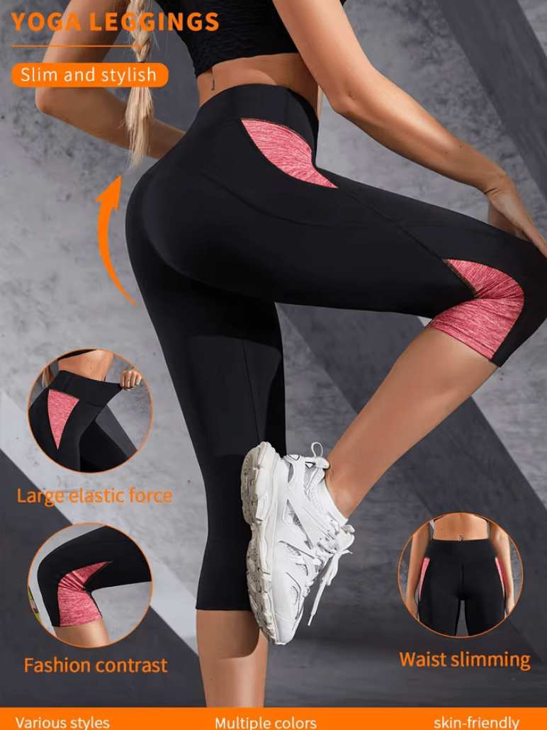 Women’s Patchwork Color Block Leggings – High-Waisted Calf-Length Belly Control Tights – Casual Fashion Running & Workout Pants