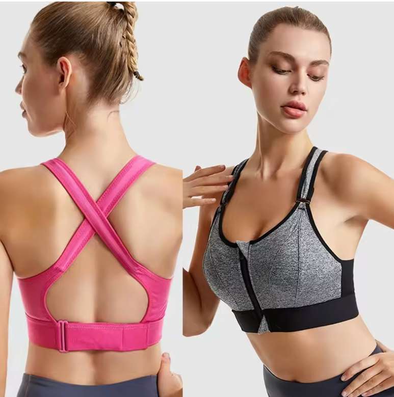 Women’s Zip Front Criss Cross Sports Bra – Padded Seamless Shockproof Wireless Gym Bra – Sexy Strappy Yoga Fitness Top