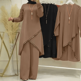 Muslim Women’s 2-Piece Modest Outfit – Long Sleeve O-Neck Shirt & Wide Leg Pants Set | Breathable Casual Clothing for Spring & Autumn