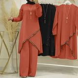 Muslim Women’s 2-Piece Modest Outfit – Long Sleeve O-Neck Shirt & Wide Leg Pants Set | Breathable Casual Clothing for Spring & Autumn