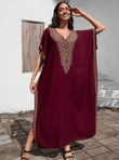 2025 Women’s Embroidered Swimsuit Cover-Up – Long Loose Beach Robe | Solid Color V-Neck Bikini Overlay & Sunscreen Vacation Clothing
