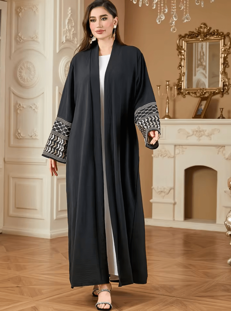 Universal Size Black Embroidered Abaya for Women – Geometric Cuff Detail, Belted Loose-Fit Islamic Outerwear | Saudi Middle East Style