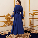 Muslim Women’s Embroidered Maxi Dress – Moroccan Kaftan with Sash | Long Dubai Abaya Robe for Eid, Ramadan, Party & Islamic Occasions