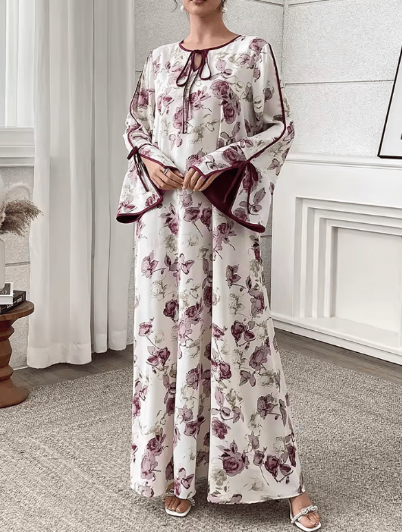 Mia Muse Ramadan Essentials – Women’s Modest Floral Patchwork Midi Dress | Flare Sleeve Crew Neck A-Line Arabian Style Outfit