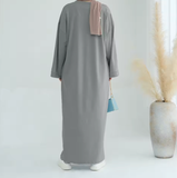 Muslim Women’s Grey Abaya with Pockets – Spacious Loose Fit Islamic Robe | Modest Daily Wear for Casual Outings & Religious Gatherings (Oman Style)