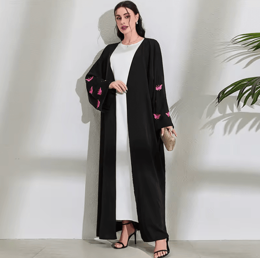 Chic Butterfly Embroidered Abaya for Muslim Women – Elegant Kaftan Cardigan Dress | Dubai Türkiye Islamic Party Wear & Middle Eastern Fashion