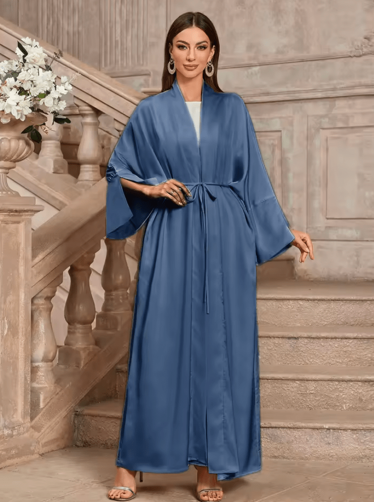 2025 Elegant Islamic Women’s Blue Abaya with Batwing Sleeves & Adjustable Waist Tie – Modest Kaftan for Ramadan, Formal & Casual Occasions