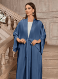 2025 Elegant Islamic Women’s Blue Abaya with Batwing Sleeves & Adjustable Waist Tie – Modest Kaftan for Ramadan, Formal & Casual Occasions