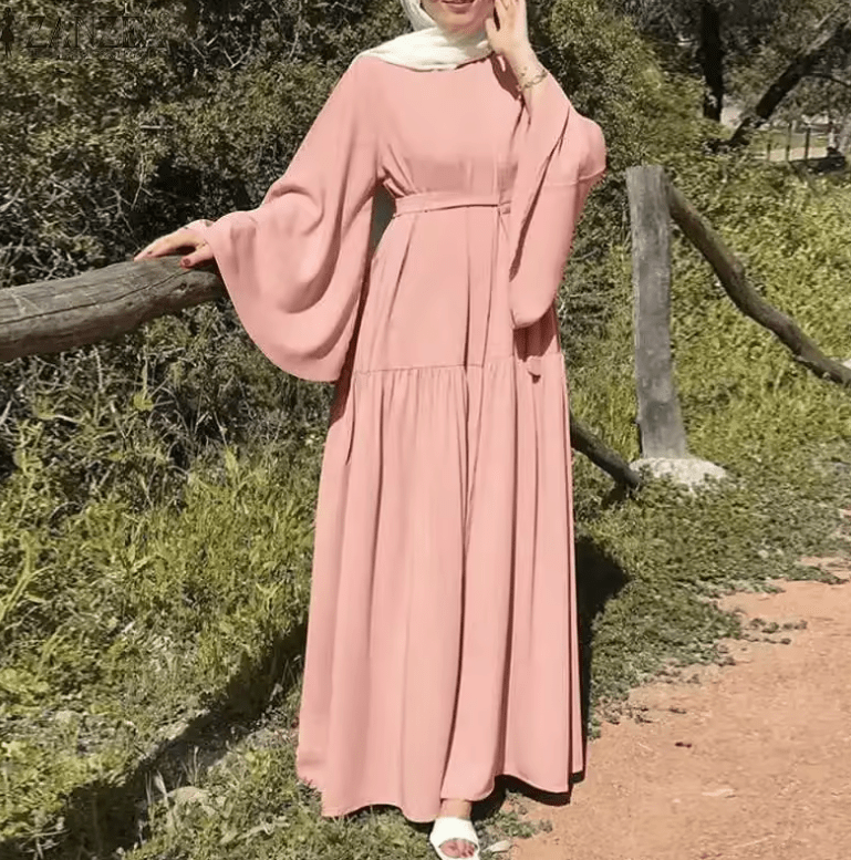 Muslim Women’s Long-Sleeved Abaya Dress with Belt – Solid Color O-Neck Modest Robe | Dubai Islamic Fashion for Spring & Casual Wear