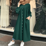Retro Button Long Sleeve Cotton Maxi Dress for Women – Solid Color Loose Fit Elegant Casual O-Neck Dress | Modest & Comfortable Fashion