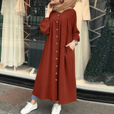 Retro Button Long Sleeve Cotton Maxi Dress for Women – Solid Color Loose Fit Elegant Casual O-Neck Dress | Modest & Comfortable Fashion