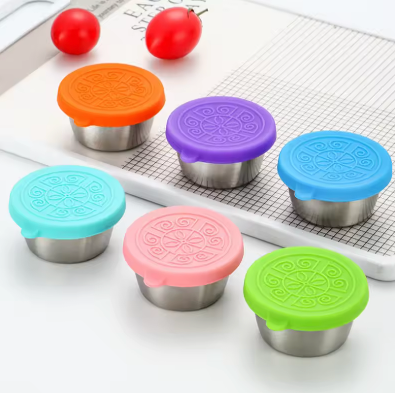 6pcs Leakproof Stainless Steel Dipping Sauce Cups – Reusable Food Containers with Silicone Stretch Lids | Salad Dressing, Condiments, Meal Prep