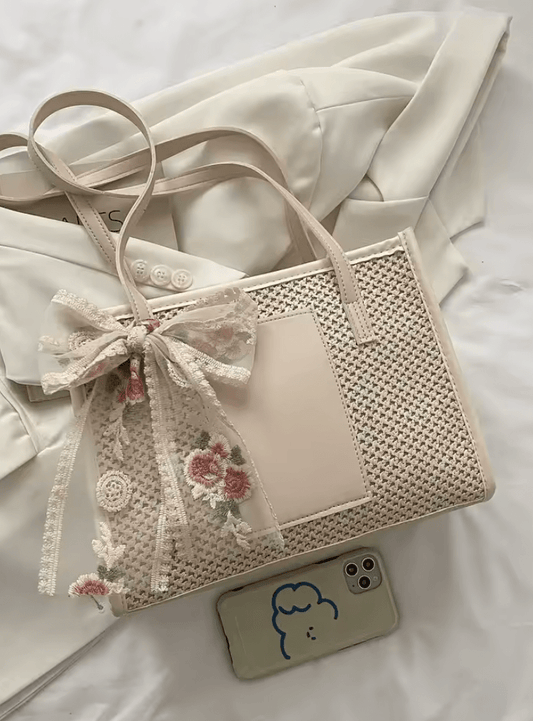 Trendy Straw Tote Bag for Women – Hollow Out Knitted Flower Shoulder Bag with Bow Decor | Lightweight Large Capacity Summer Beach Bag for Teens & Girls