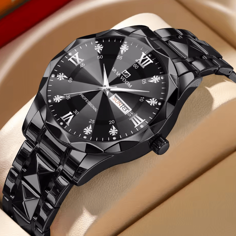 Men’s Luxury Stainless Steel Watch – 41mm Blue Gold Quartz Timepiece with Water Diamond Accents, Luminous Dial & Double Calendar Display
