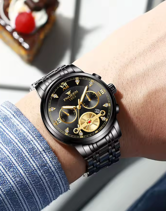 Men’s Trendy Gold Quartz Watch – Light Luxury Stainless Steel Wristwatch, Waterproof Fashion Timepiece for Students & Young Professionals