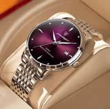 Men’s Purple Stainless Steel Quartz Watch – 3ATM Waterproof Casual Wristwatch with Luminous Dial, Week Display, Gift Box Included