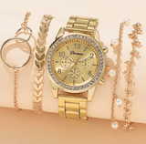 5PCS Women’s Quartz Watch & Jewelry Set – Fashion Silver Wristwatch with Rhinestone Accents, Alloy Strap, 3-Eye Dial – Elegant Gift Set for Women with Matching Bracelets