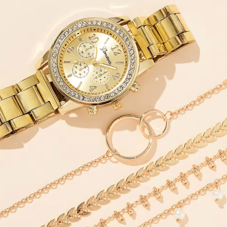 5PCS Women’s Quartz Watch & Jewelry Set – Fashion Silver Wristwatch with Rhinestone Accents, Alloy Strap, 3-Eye Dial – Elegant Gift Set for Women with Matching Bracelets