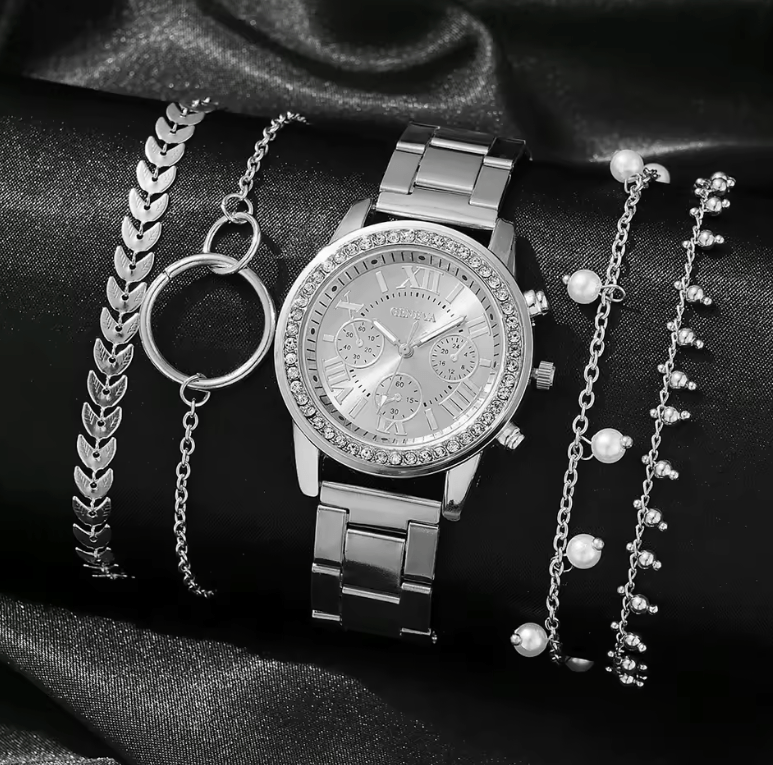 5PCS Women’s Quartz Watch & Jewelry Set – Fashion Silver Wristwatch with Rhinestone Accents, Alloy Strap, 3-Eye Dial – Elegant Gift Set for Women with Matching Bracelets