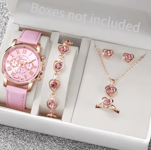 5/6PCS Women’s Quartz Watch & Jewelry Set – Fashion Analog Wristwatch with Heart Rhinestones, Leather Band – Elegant Ladies’ Accessory Gift Set (No Box Included)
