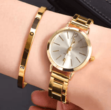 2PCS Women’s Luxury Watch & Bracelet Set – Simple Dial Quartz Wristwatch with Hollow Strap & Gold Fashion Bracelet – Elegant Gift for Ladies, Girls, Students