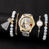 4/5PCS Women’s Fashion Watch & Bracelet Set – Floral Print Leather Band Quartz Watch with Rhinestone Accents – Elegant Ladies’ Timepiece & Jewelry Gift Set