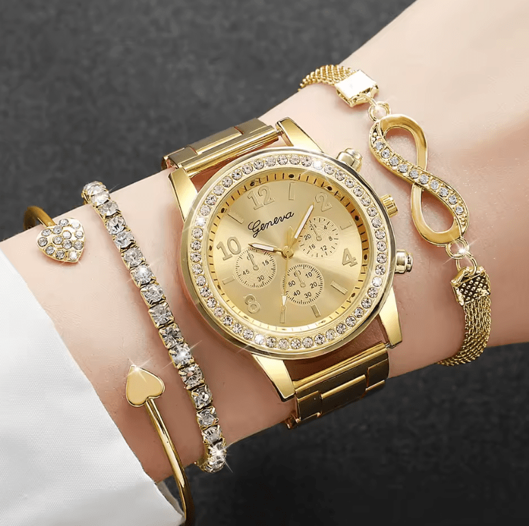 4PCS Luxury Rhinestone Women Watch Set – Quartz Analog Wristwatch with Steel Band + 3 Fashion Bracelet Bangles – Elegant Ladies Jewelry Gift