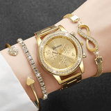 4PCS Luxury Rhinestone Women Watch Set – Quartz Analog Wristwatch with Steel Band + 3 Fashion Bracelet Bangles – Elegant Ladies Jewelry Gift
