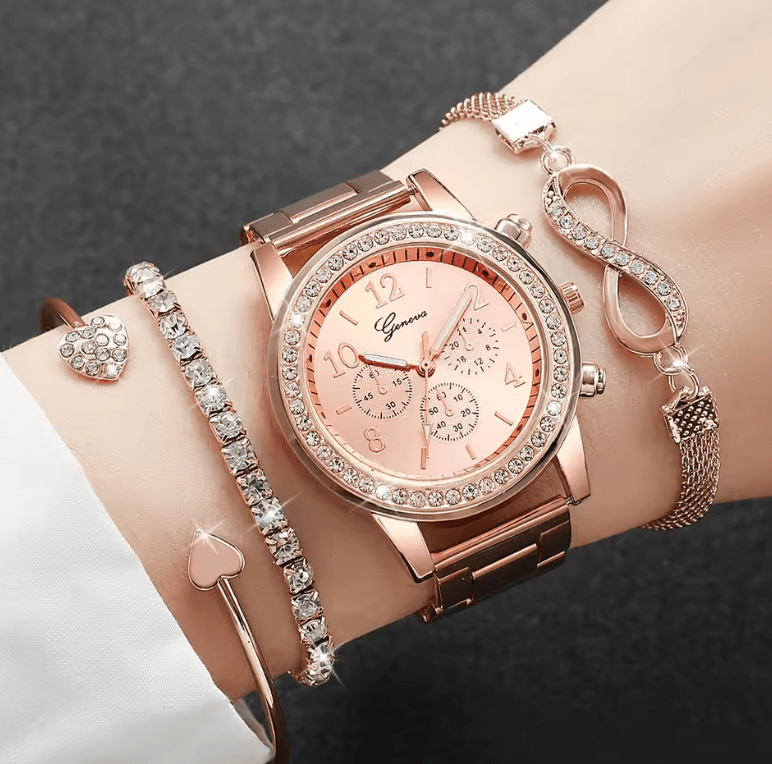 4PCS Luxury Rhinestone Women Watch Set – Quartz Analog Wristwatch with Steel Band + 3 Fashion Bracelet Bangles – Elegant Ladies Jewelry Gift