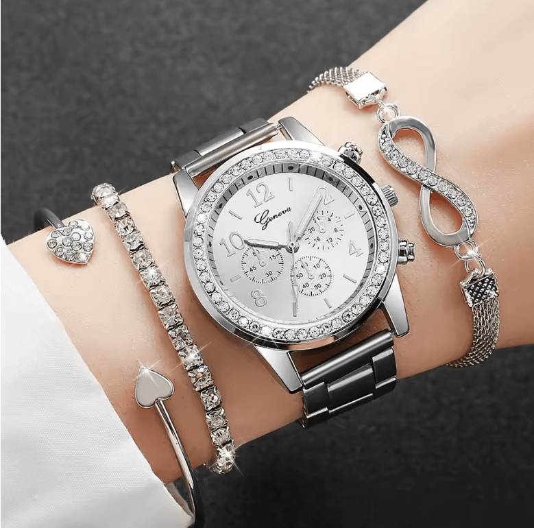 4PCS Luxury Rhinestone Women Watch Set – Quartz Analog Wristwatch with Steel Band + 3 Fashion Bracelet Bangles – Elegant Ladies Jewelry Gift