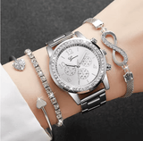 4PCS Luxury Rhinestone Women Watch Set – Quartz Analog Wristwatch with Steel Band + 3 Fashion Bracelet Bangles – Elegant Ladies Jewelry Gift
