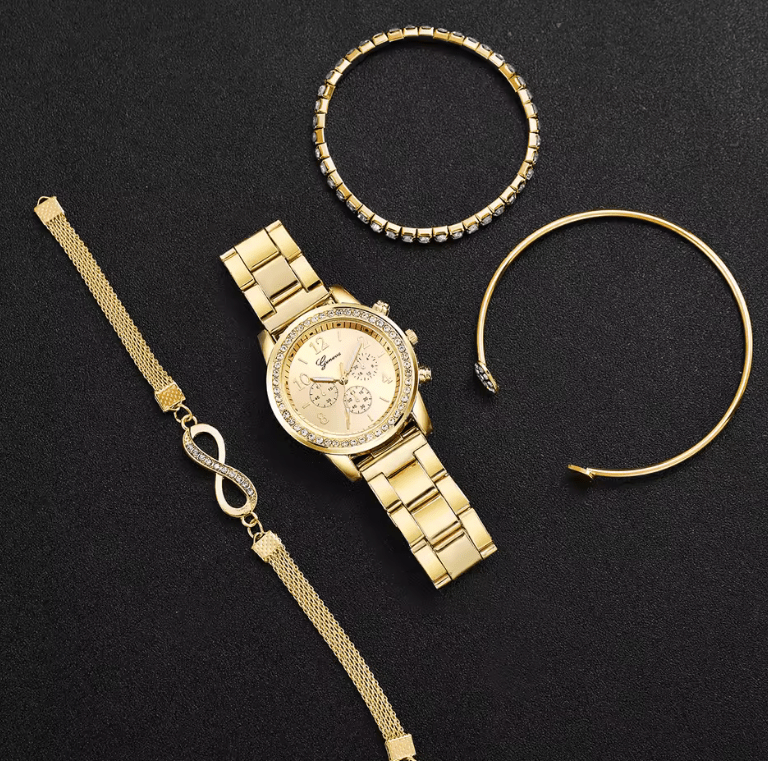 4PCS Luxury Rhinestone Women Watch Set – Quartz Analog Wristwatch with Steel Band + 3 Fashion Bracelet Bangles – Elegant Ladies Jewelry Gift