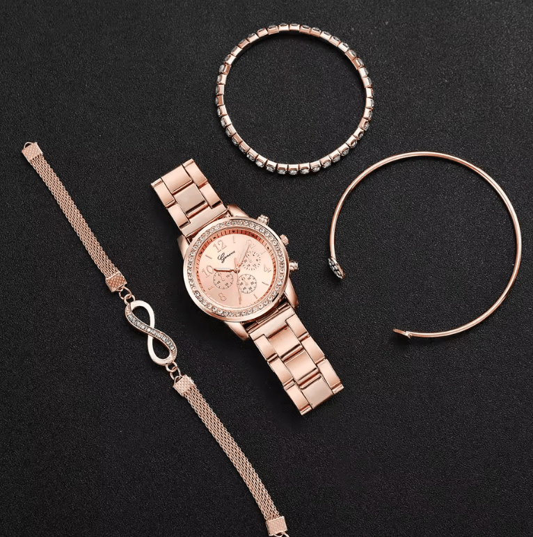 4PCS Luxury Rhinestone Women Watch Set – Quartz Analog Wristwatch with Steel Band + 3 Fashion Bracelet Bangles – Elegant Ladies Jewelry Gift
