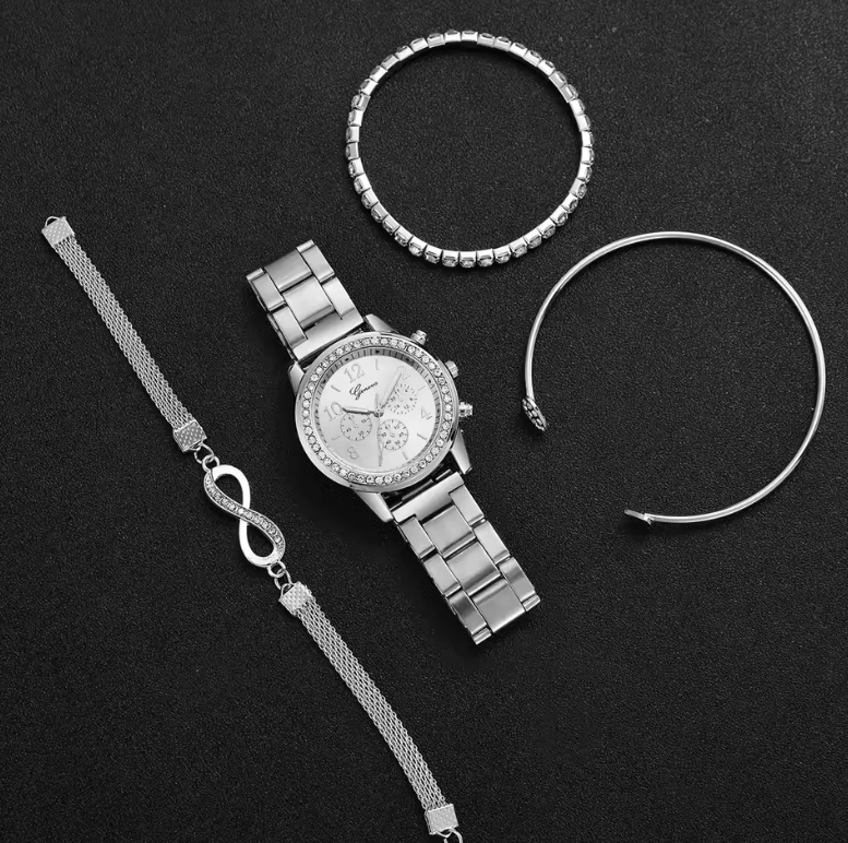 4PCS Luxury Rhinestone Women Watch Set – Quartz Analog Wristwatch with Steel Band + 3 Fashion Bracelet Bangles – Elegant Ladies Jewelry Gift