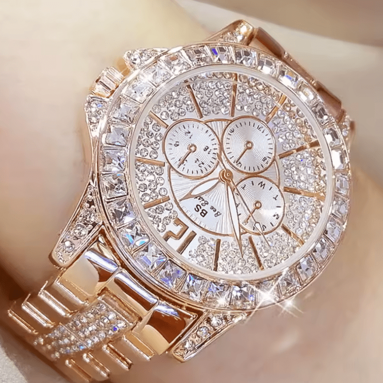 Women’s Luxury Diamond Quartz Watch – Rose Gold Crystal Wristwatch – Fashion Top Brand Inspired Ladies Jewelry Timepiece for Elegant Style