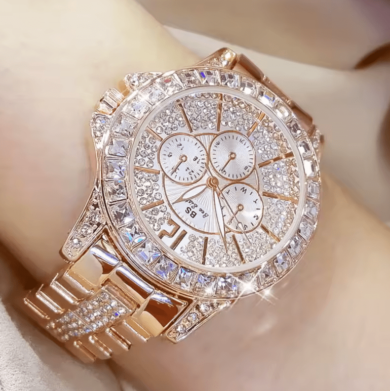 Women’s Luxury Diamond Quartz Watch – Rose Gold Crystal Wristwatch – Fashion Top Brand Inspired Ladies Jewelry Timepiece for Elegant Style