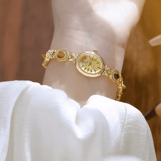 Women’s Natural Jade Bracelet Watch – Luxury Retro Gold Quartz Wristwatch with Small Oval Dial – Vintage Elegant Clock Gift for Ladies