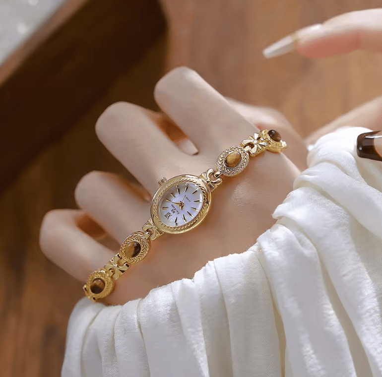 Women’s Natural Jade Bracelet Watch – Luxury Retro Gold Quartz Wristwatch with Small Oval Dial – Vintage Elegant Clock Gift for Ladies