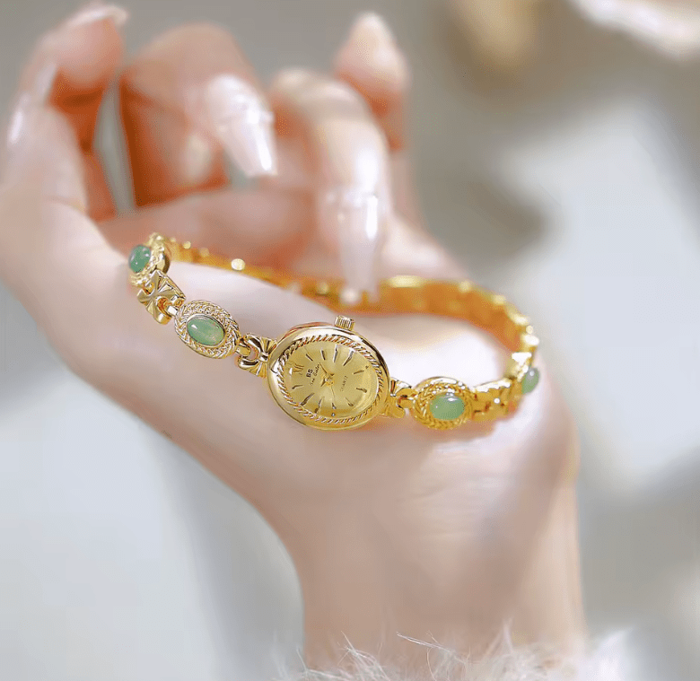 Women’s Natural Jade Bracelet Watch – Luxury Retro Gold Quartz Wristwatch with Small Oval Dial – Vintage Elegant Clock Gift for Ladies
