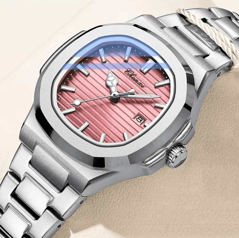 CHENXI 8222 Women’s Quartz Watch – Pink Striped Dial with Calendar & Luminous Hands – Fashion Stainless Steel Wristwatch Gift for Girls & Ladies