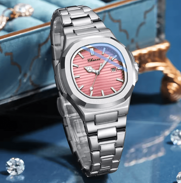 CHENXI 8222 Women’s Quartz Watch – Pink Striped Dial with Calendar & Luminous Hands – Fashion Stainless Steel Wristwatch Gift for Girls & Ladies